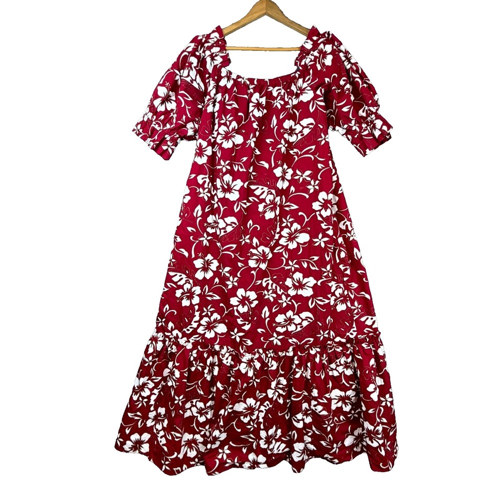 Hilo Hattie Muumuu Dress Womens XL Red Hibiscus Floral Flounce Hem Hawaiian